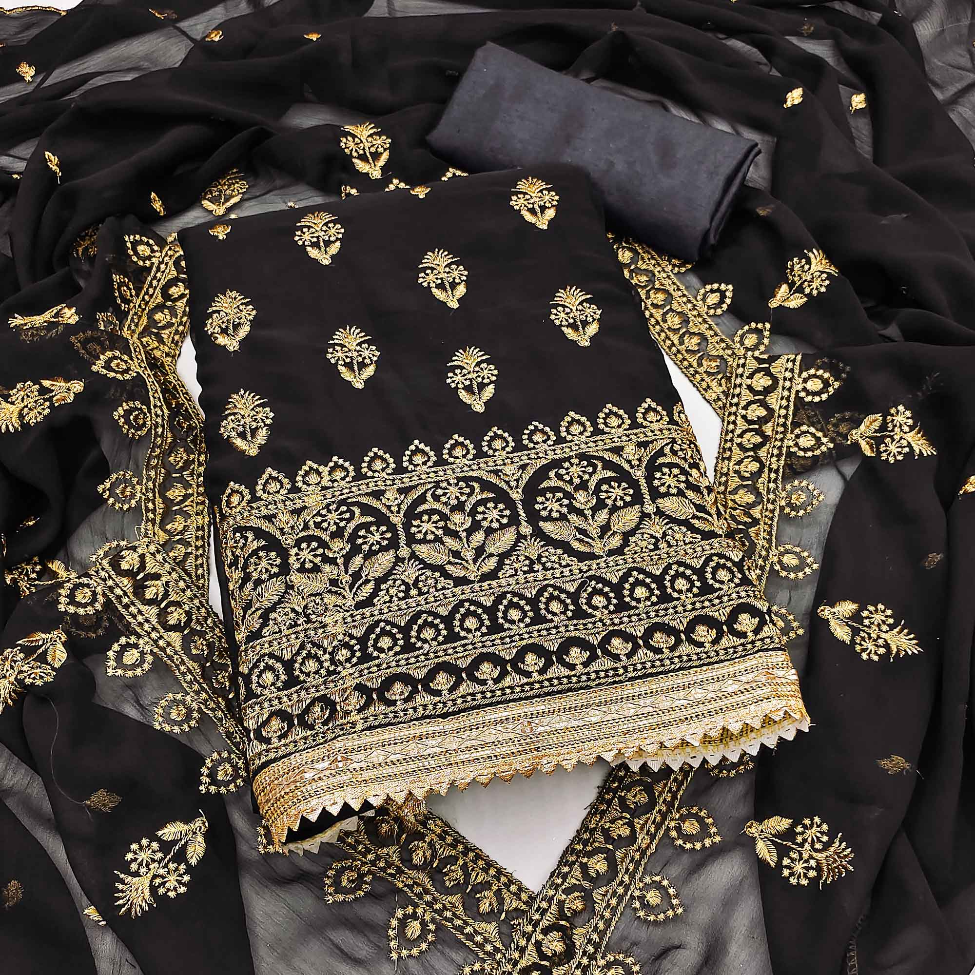 Black Floral Embroidered Georgette Dress Material