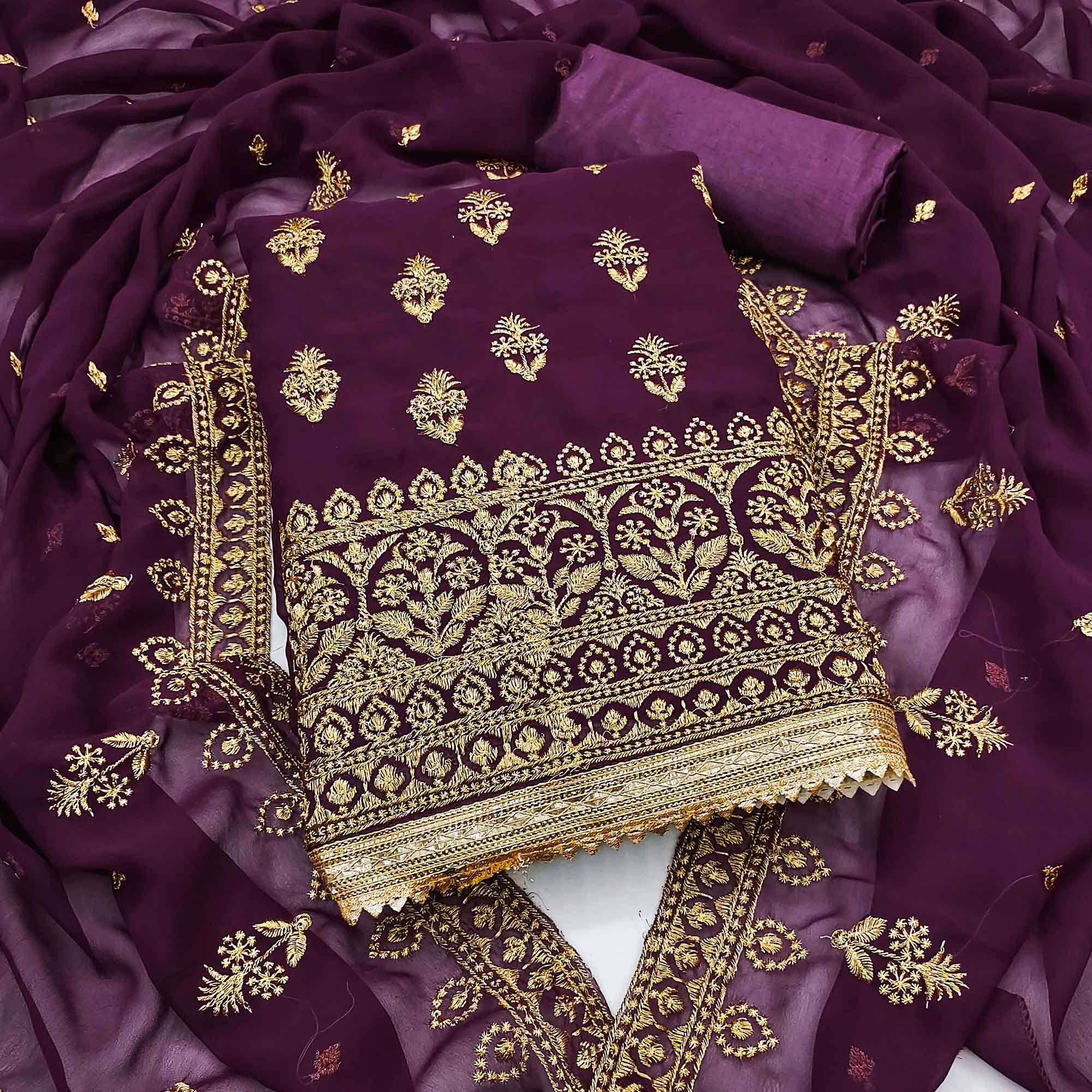 Purple Floral Embroidered Georgette Dress Material