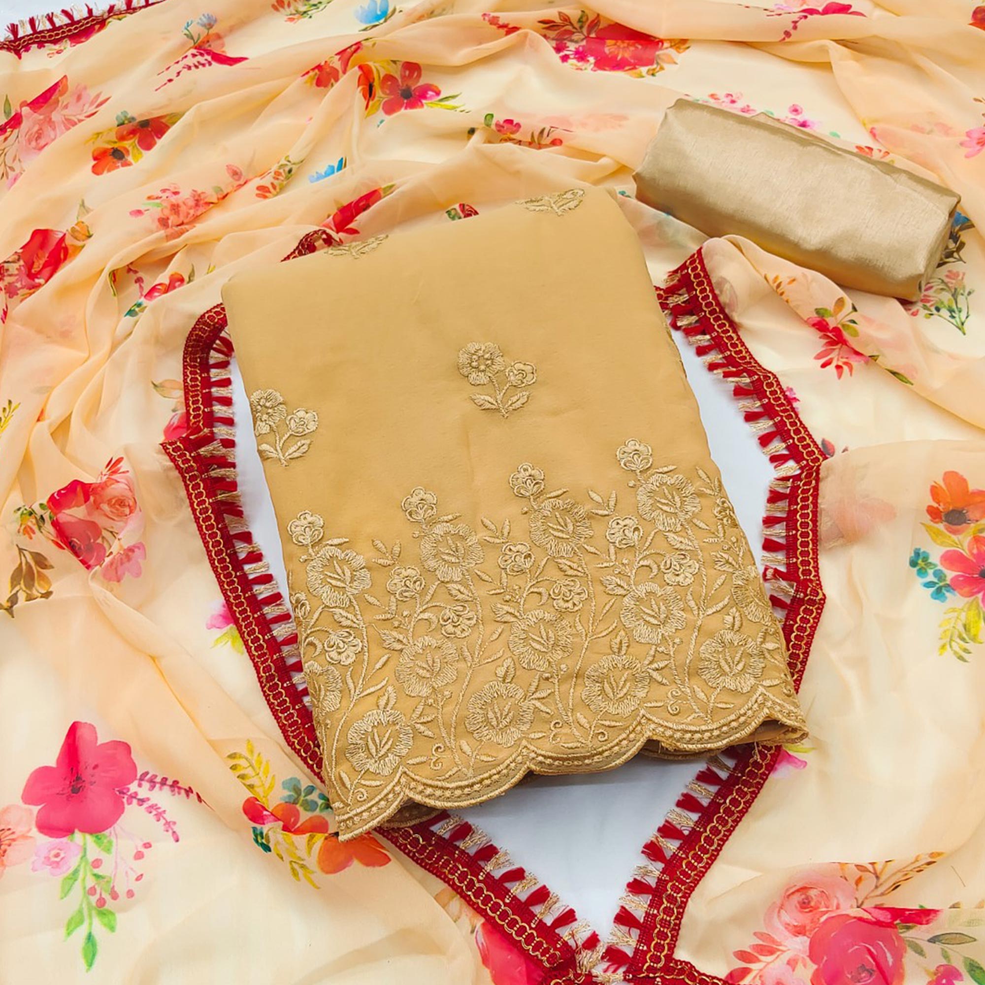 Chikoo Georgette Dress Material With Intricate Floral Thread Embroidery