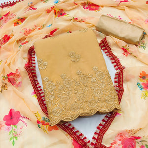 Chikoo Georgette Dress Material With Intricate Floral Thread Embroidery