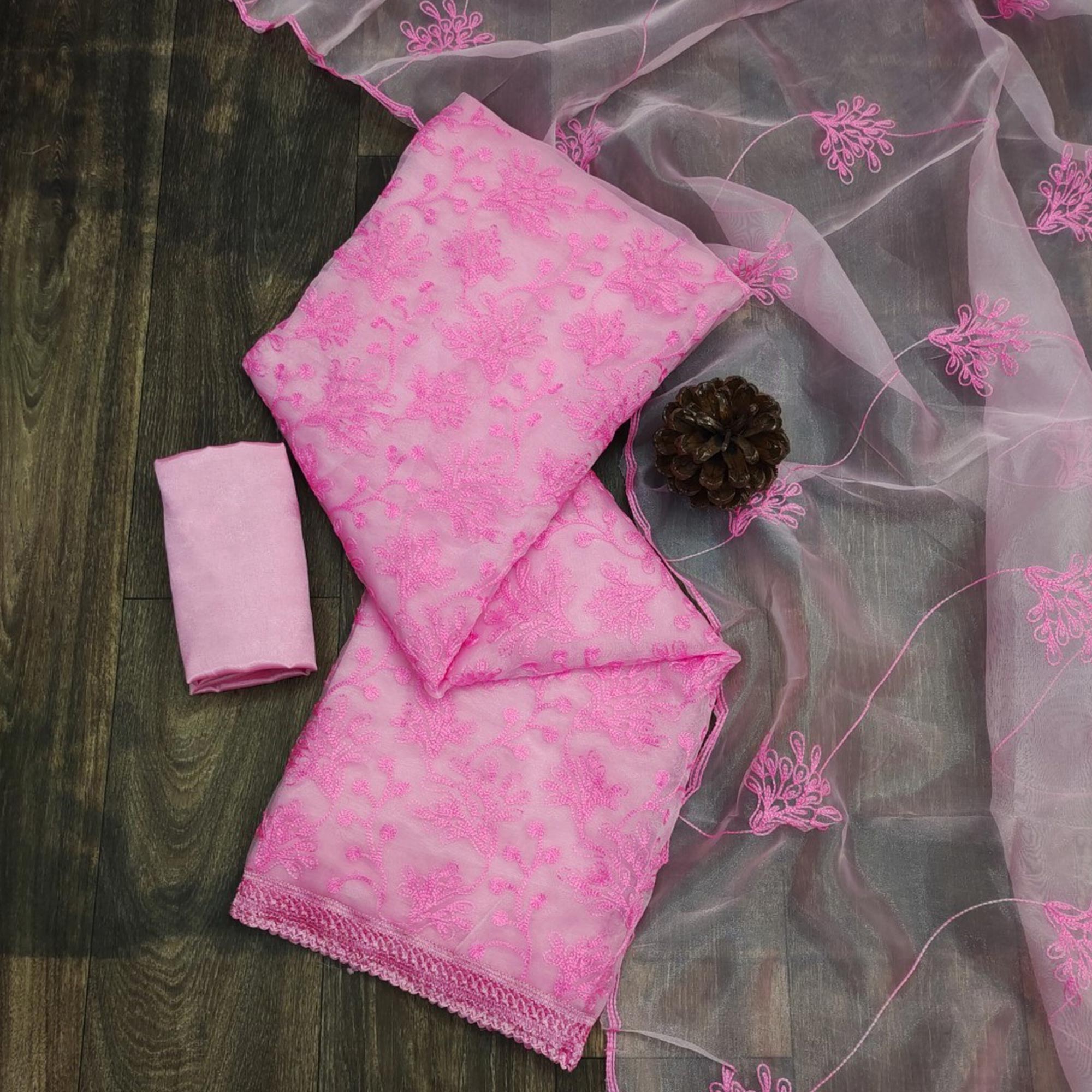 Pink Organza Dress Material With Graceful Floral Thread Embroidery