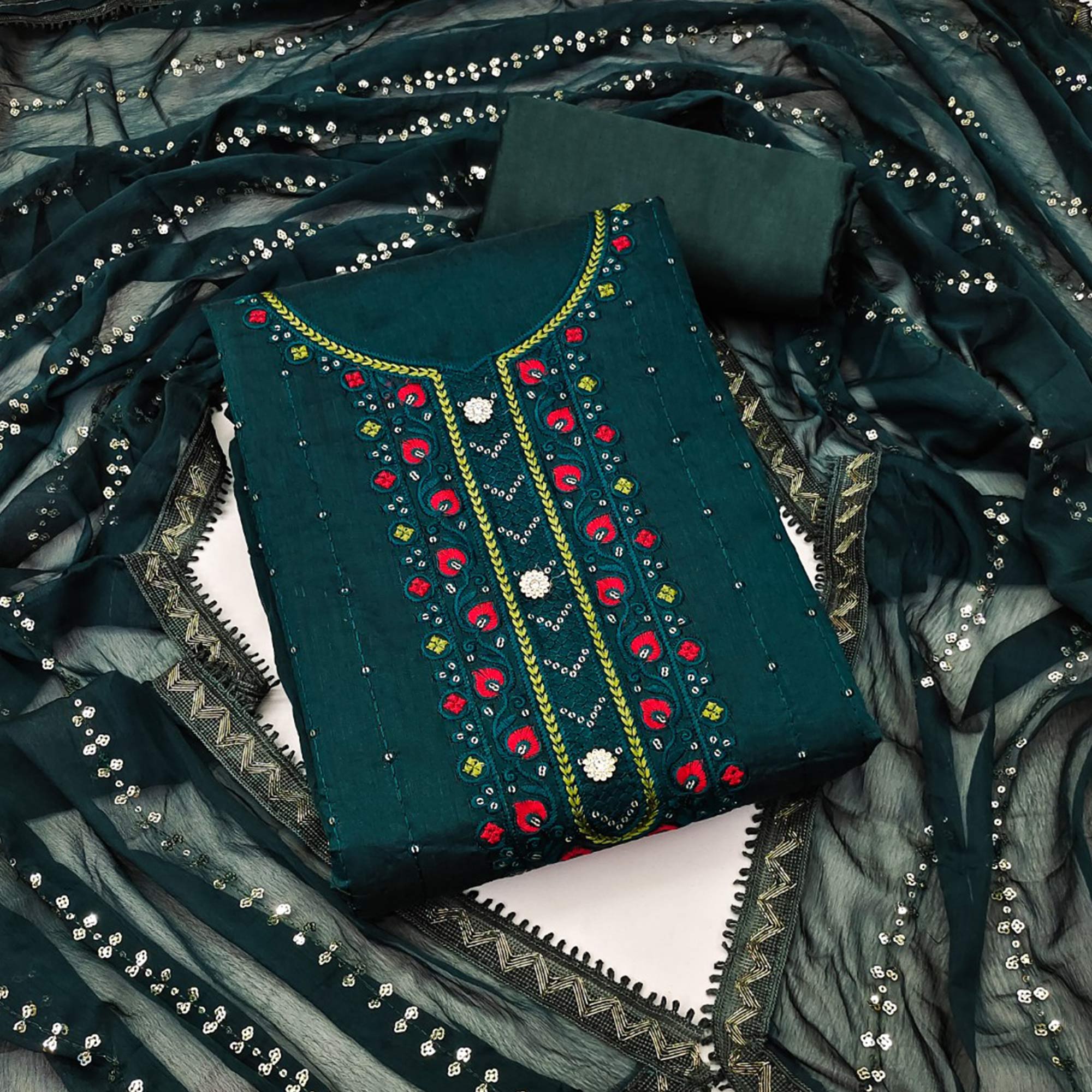 Green Sequins Embroidered Chanderi Dress Material