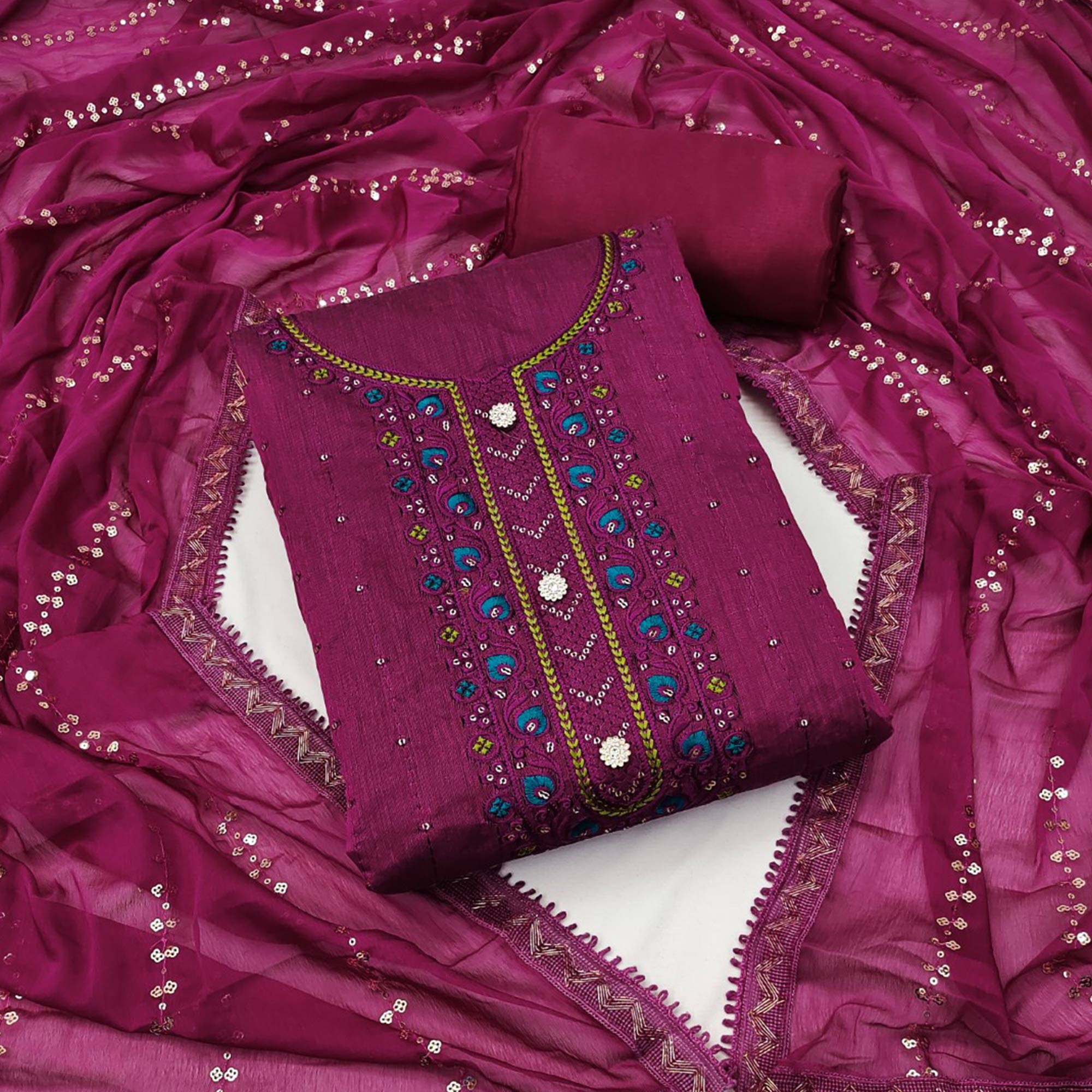 Purple Sequins Embroidered Chanderi Dress Material