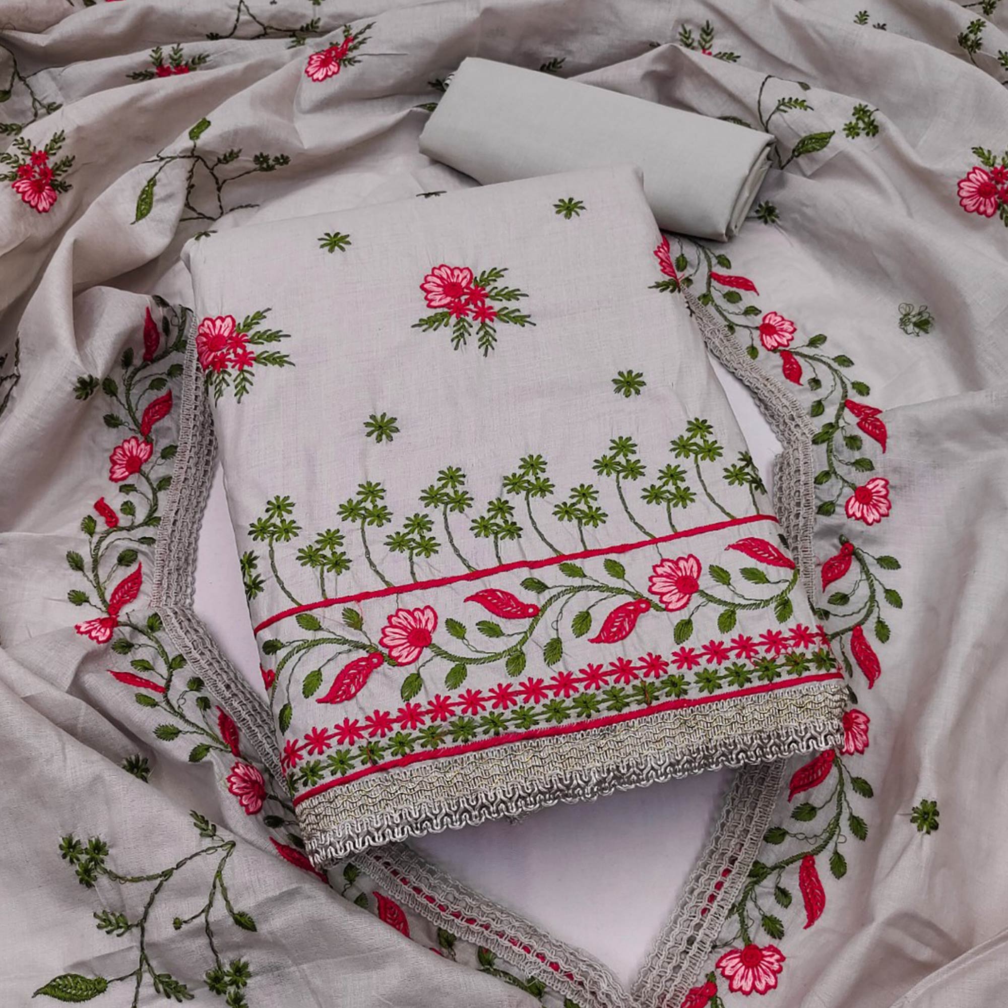 Grey Cotton Blend Dress Material With Delicate Floral Thread Embroidery