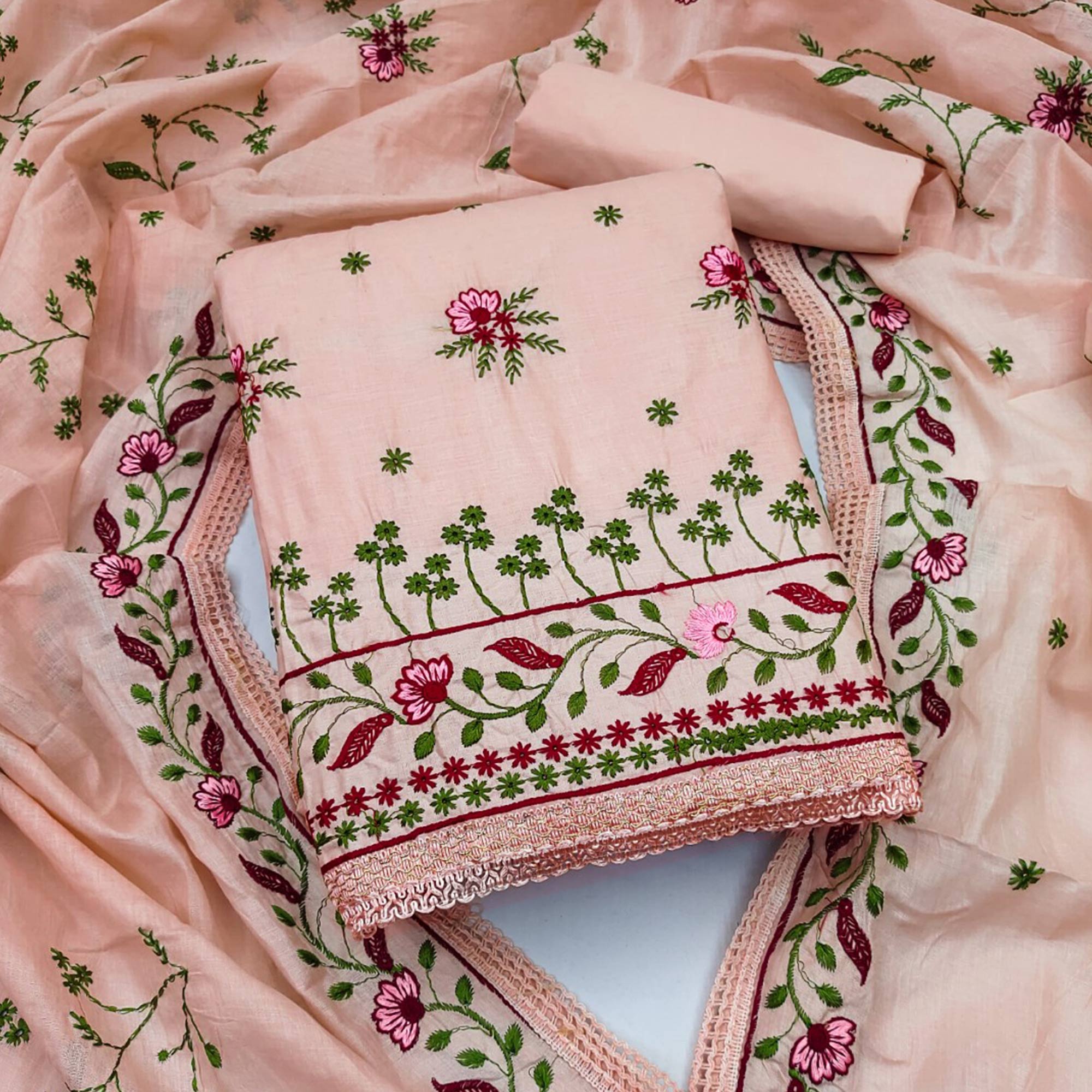 Peach Cotton Blend Dress Material With Delicate Floral Thread Embroidery