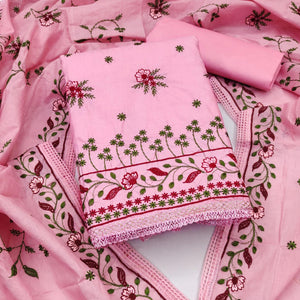 Pink Cotton Blend Dress Material With Delicate Floral Thread Embroidery