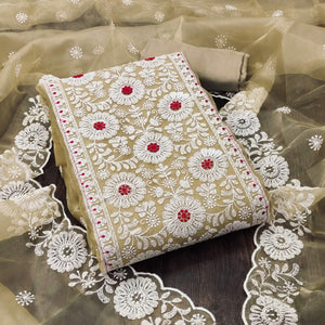 Chikoo Organza Dress Material With Intricate Floral Thread Embroidery