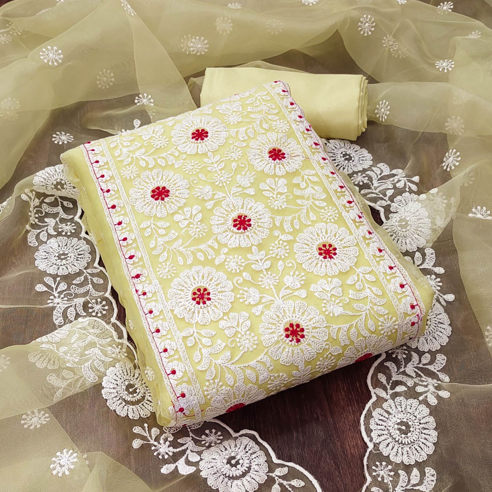 Light Yellow Organza Dress Material With Intricate Floral Thread Embroidery