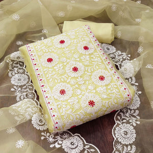 Light Yellow Organza Dress Material With Intricate Floral Thread Embroidery