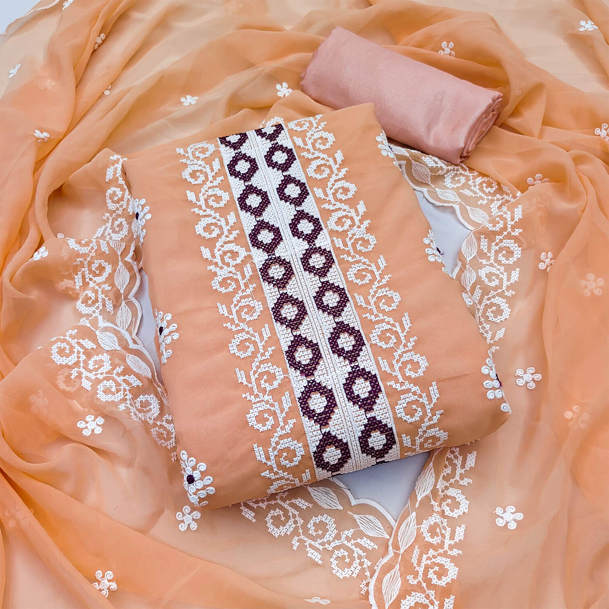 Peach Georgette Dress Material With Delicate Floral Thread Embroidery