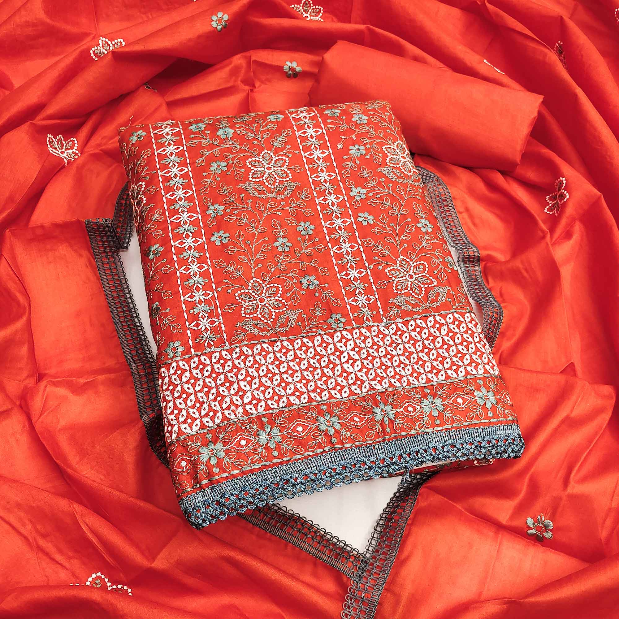 Orange Floral Embroidered Pure Cotton Dress Material