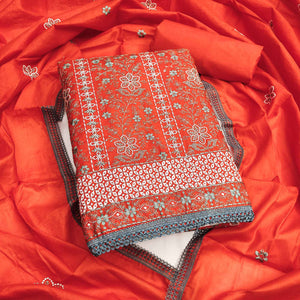 Orange Floral Embroidered Pure Cotton Dress Material