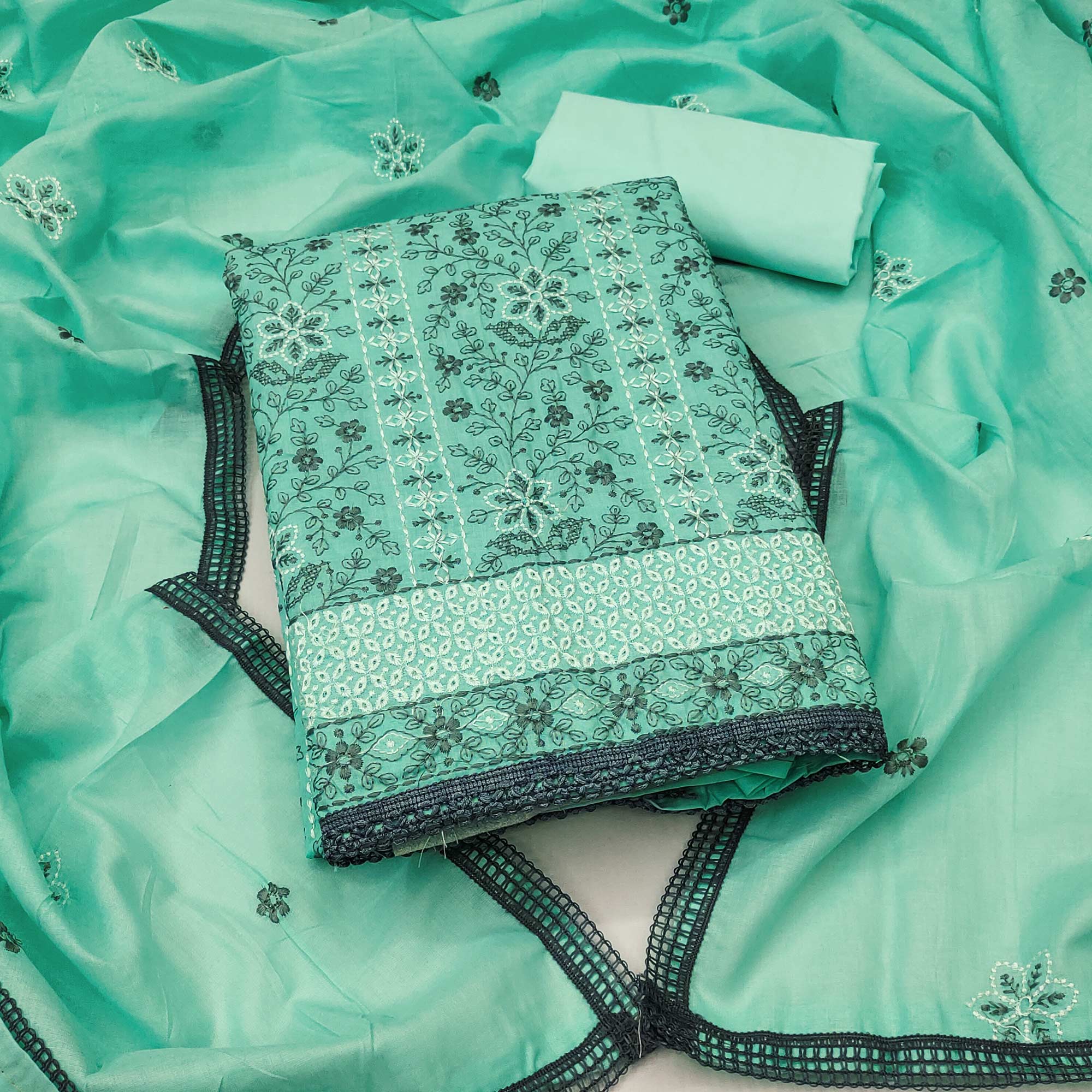 Sea Green Cotton Suit Fabric with Embroidered Floral Patterns