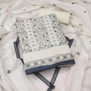 White Cotton Suit Fabric with Embroidered Floral Patterns