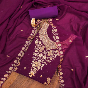 Purple Floral Embroidered Georgette Dress Material