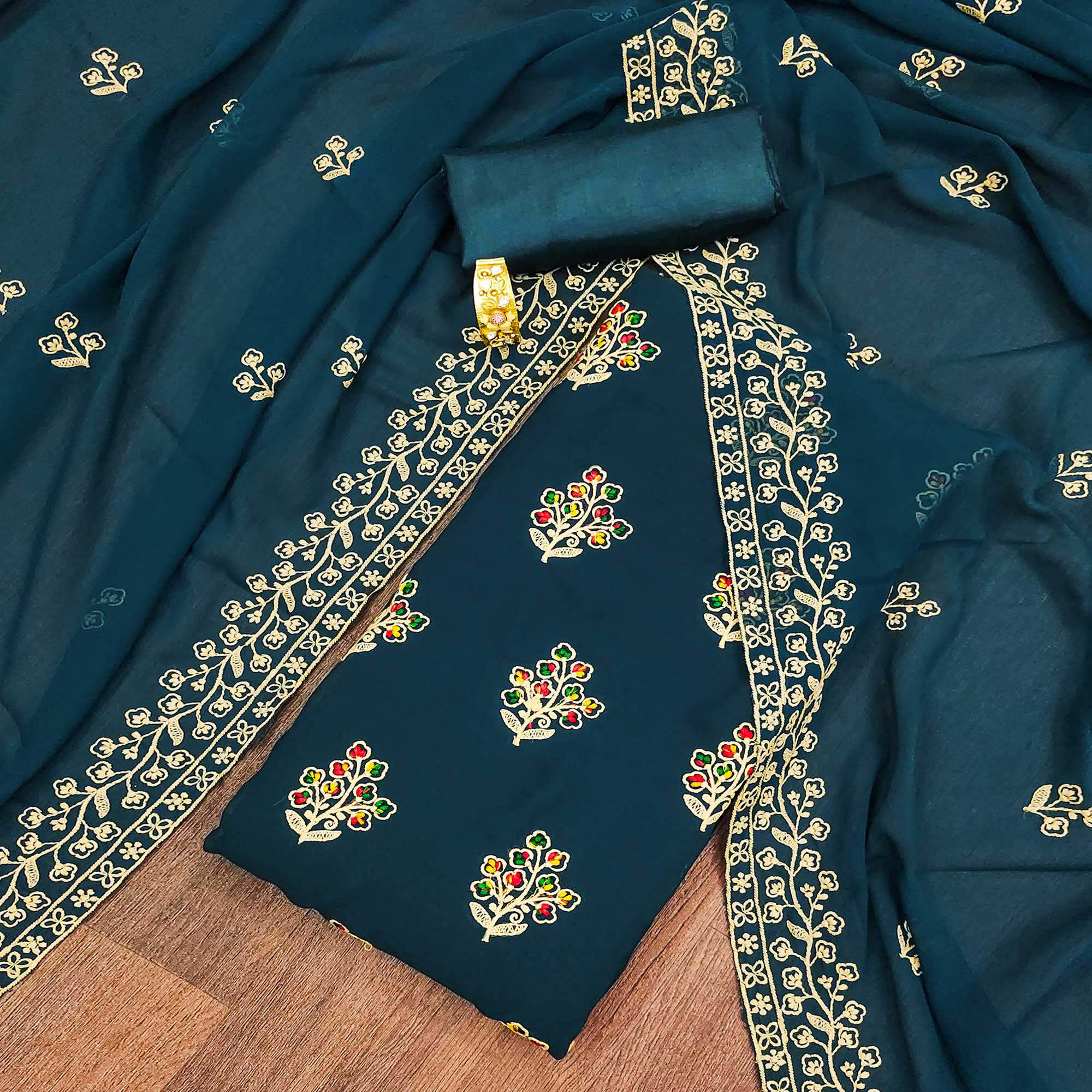 Teal Blue Floral Embroidered Georgette Dress Material