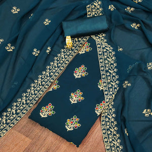 Teal Blue Floral Embroidered Georgette Dress Material