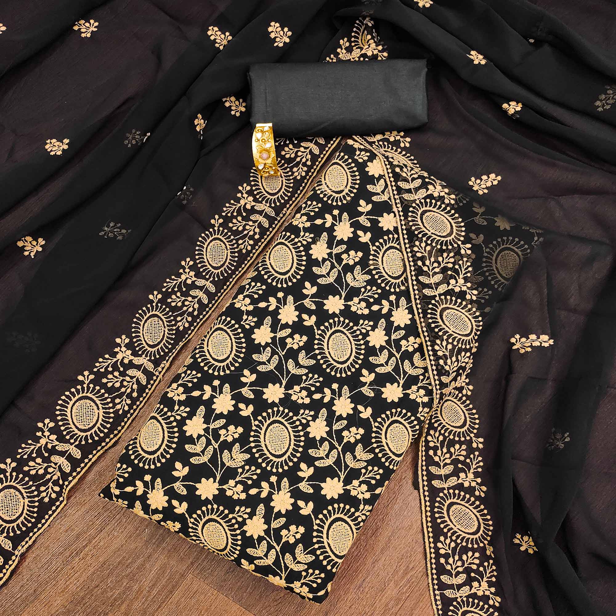 Black Floral Embroidered Georgette Dress Material