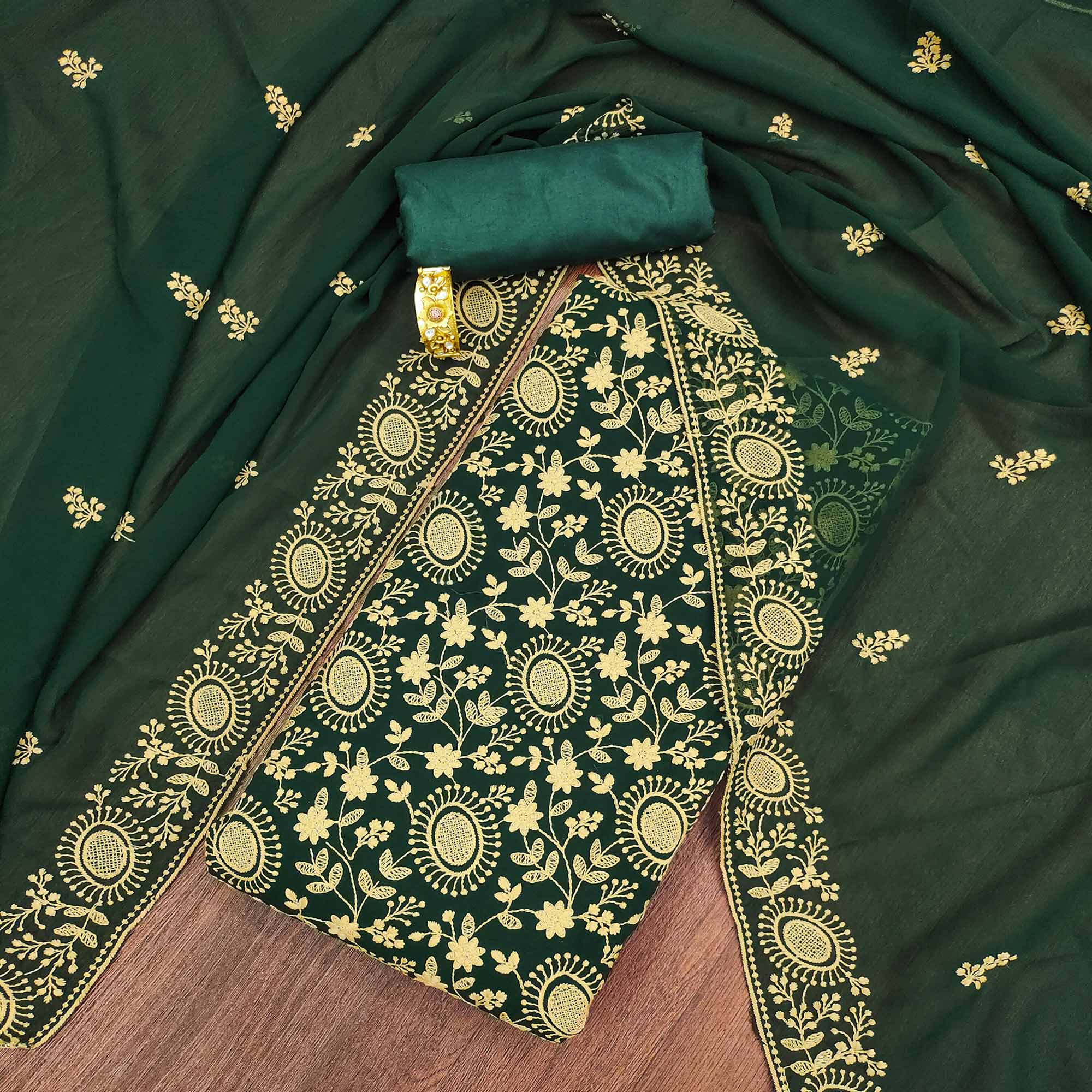 Green Floral Embroidered Georgette Dress Material