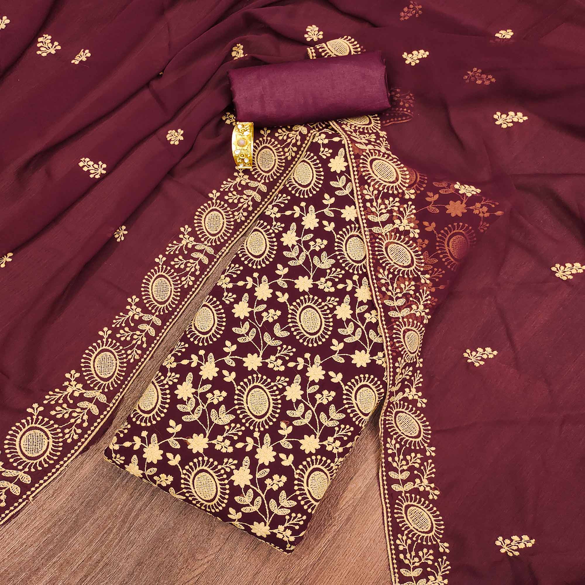 Maroon Floral Embroidered Georgette Dress Material