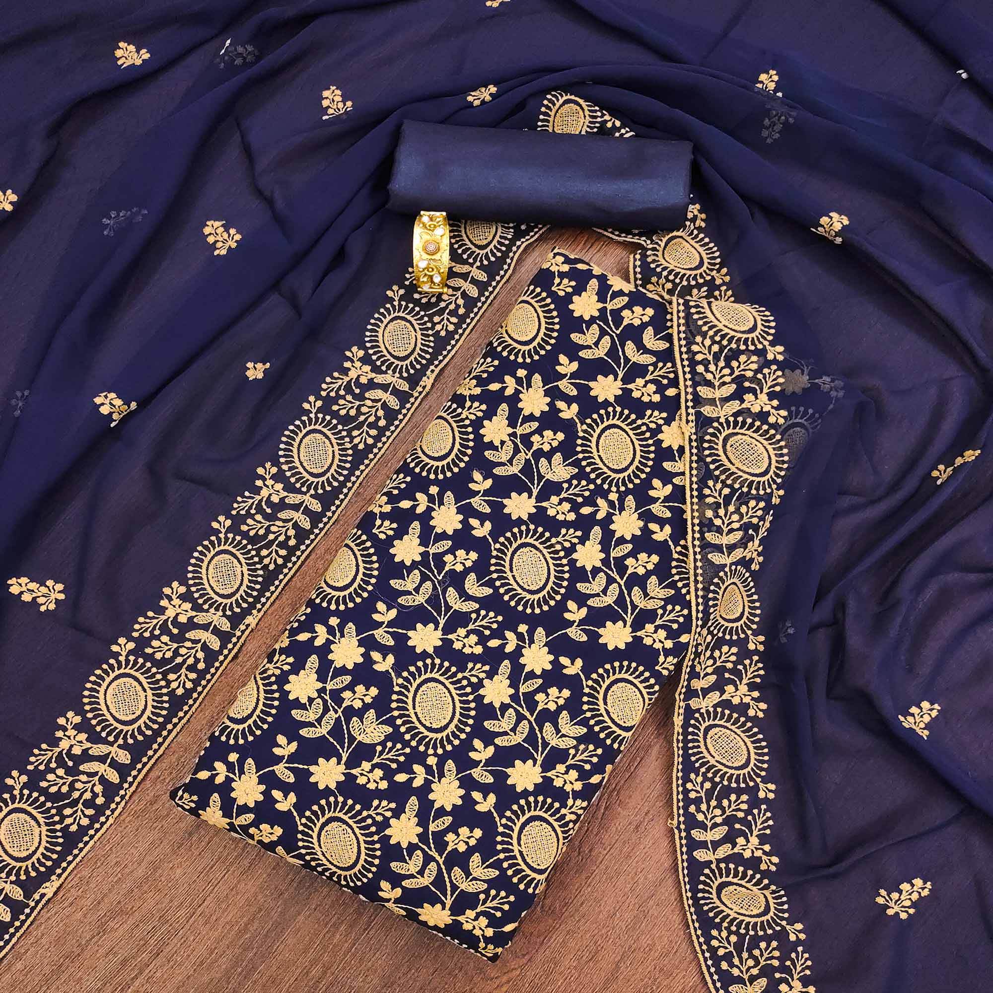 Navy Blue Floral Embroidered Georgette Dress Material