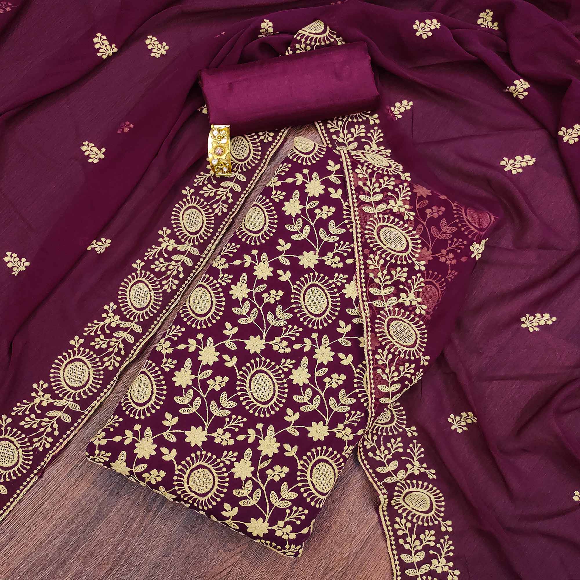 Purple Floral Embroidered Georgette Dress Material