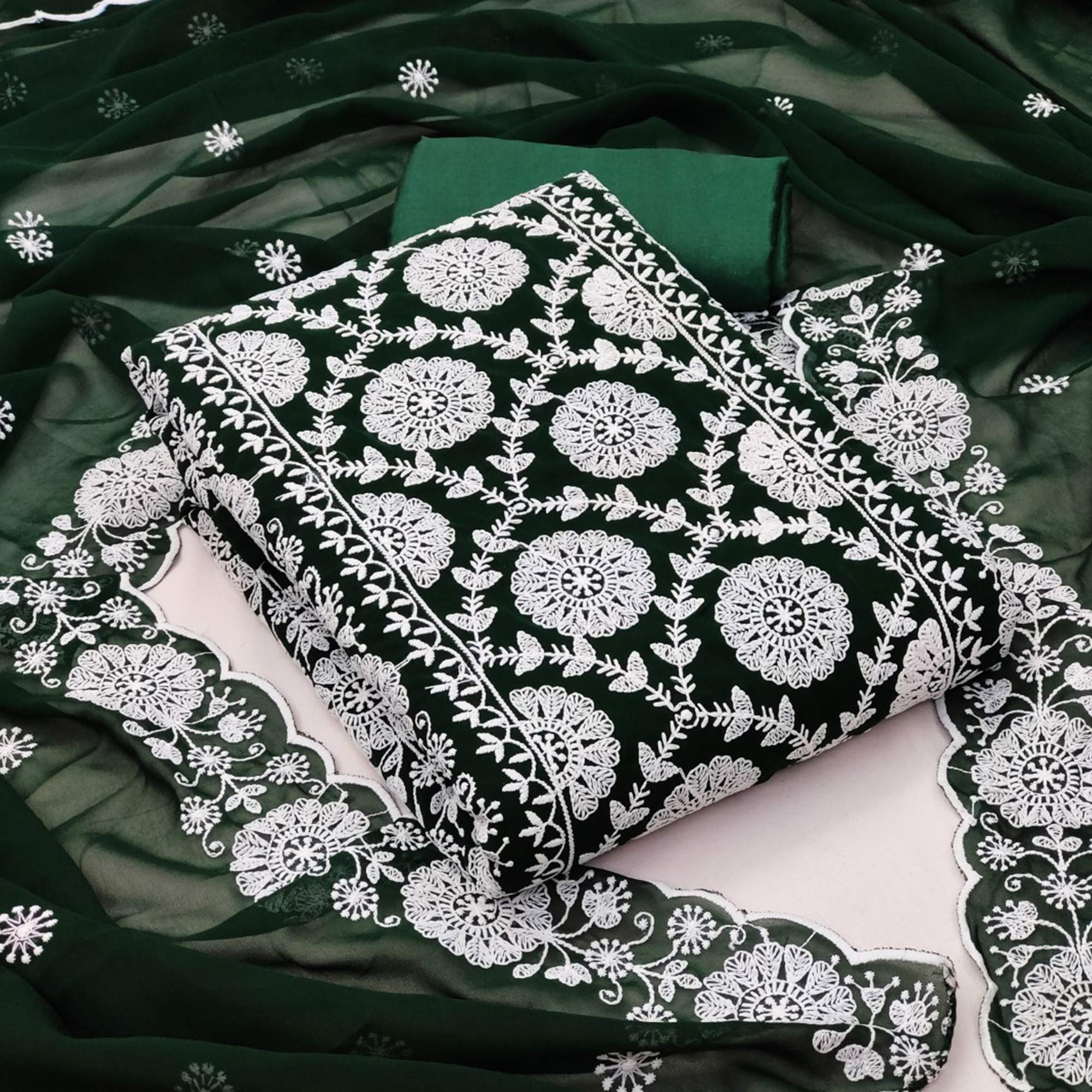 Green Floral Embroidered Georgette Dress Material
