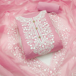 Baby Pink Floral Embroidered Chanderi Cotton Dress Material