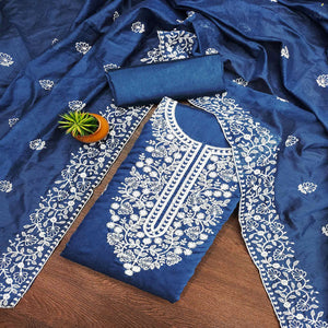 Blue Floral Embroidered Chanderi Cotton Dress Material