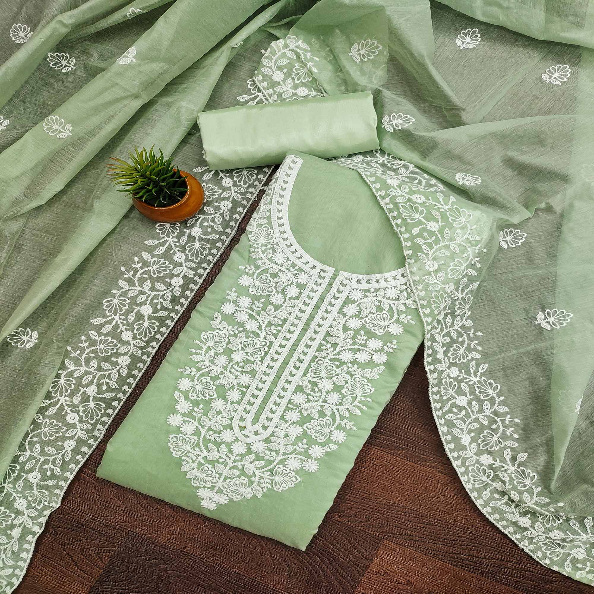Green Floral Embroidered Chanderi Cotton Dress Material