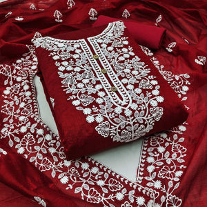 Maroon Floral Embroidered Chanderi Cotton Dress Material