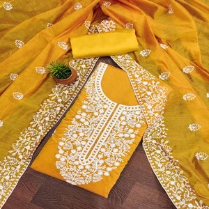 Mustard Floral Embroidered Chanderi Cotton Dress Material