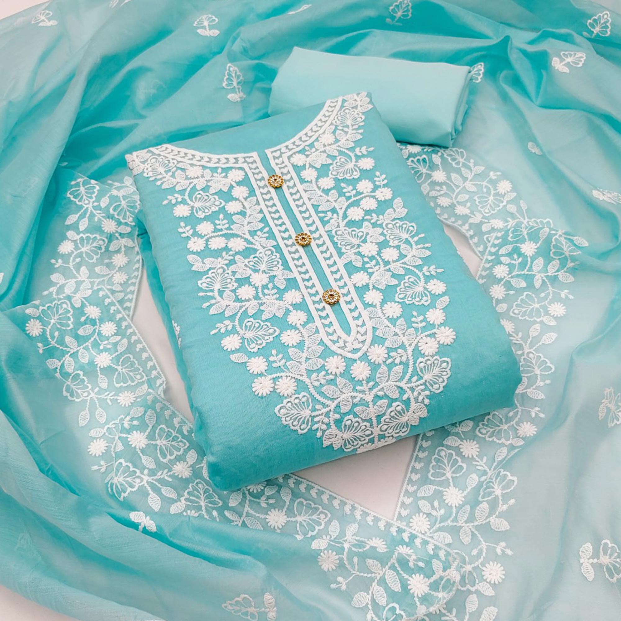 Sky Blue Floral Embroidered Chanderi Cotton Dress Material