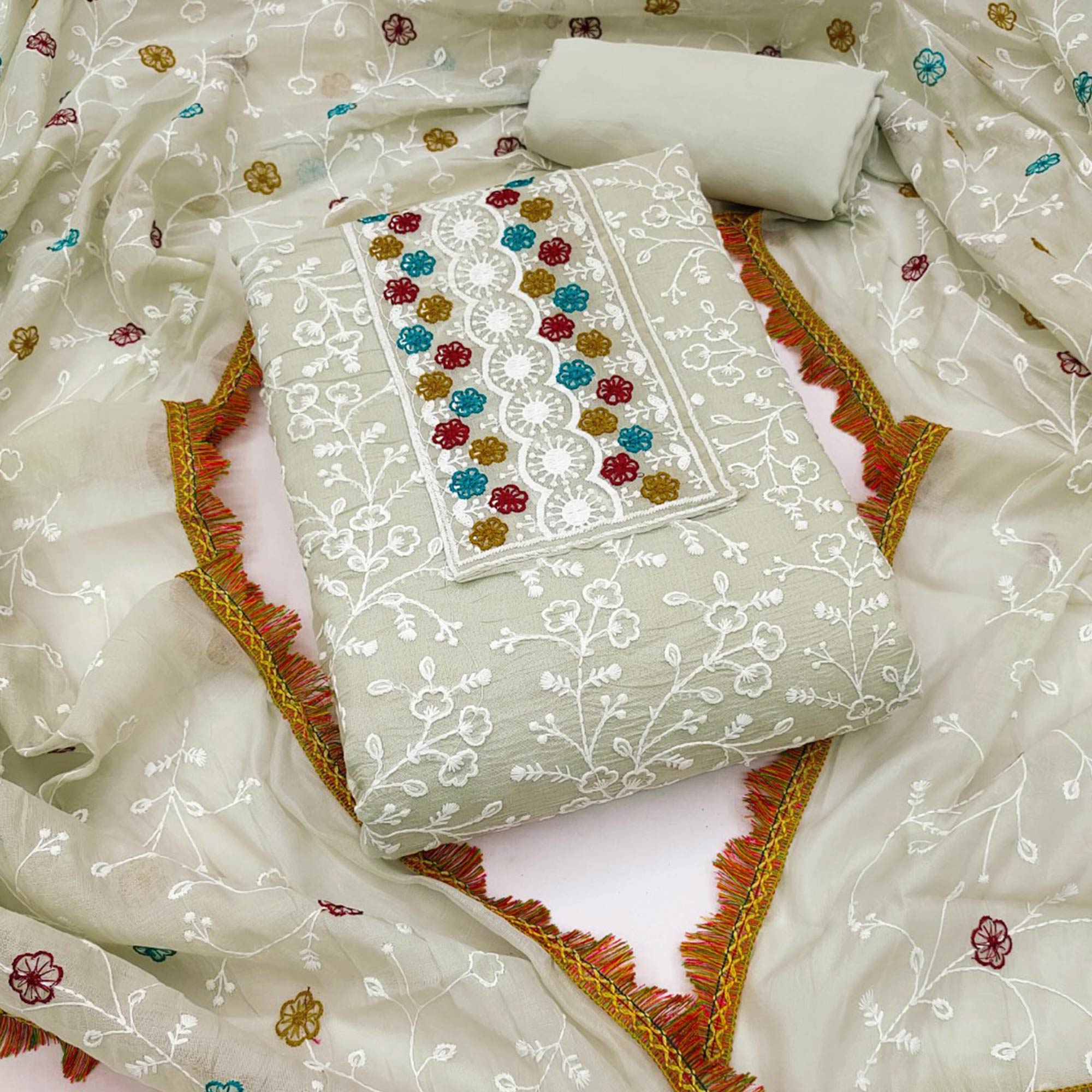 Cream Chanderi Cotton Dress Material With Floral Thread Embroidery