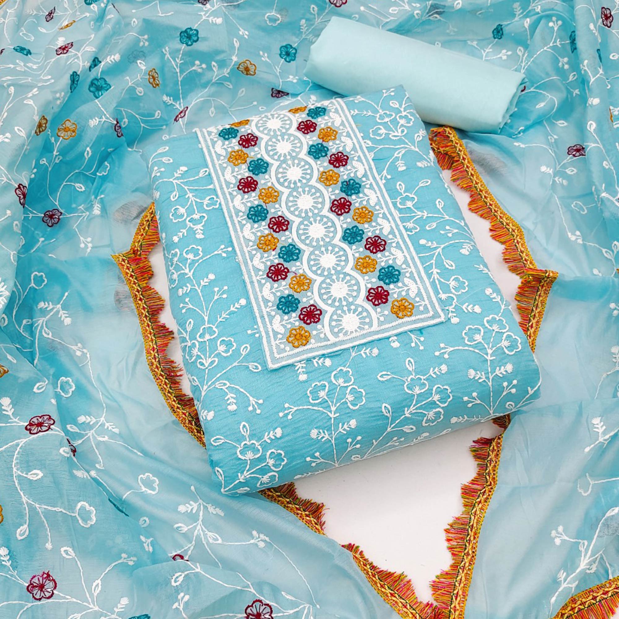 Sky Blue Chanderi Cotton Dress Material With Floral Thread Embroidery