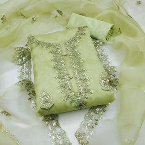 Green Organza Silk Dress Material With Exquisite Floral Embroidery & Sequin Work