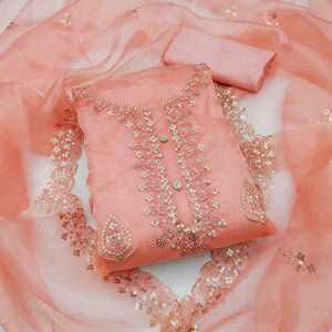 Peach Organza Silk Dress Material With Exquisite Floral Embroidery & Sequin Work