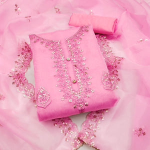 Pink Organza Silk Dress Material With Exquisite Floral Embroidery & Sequin Work