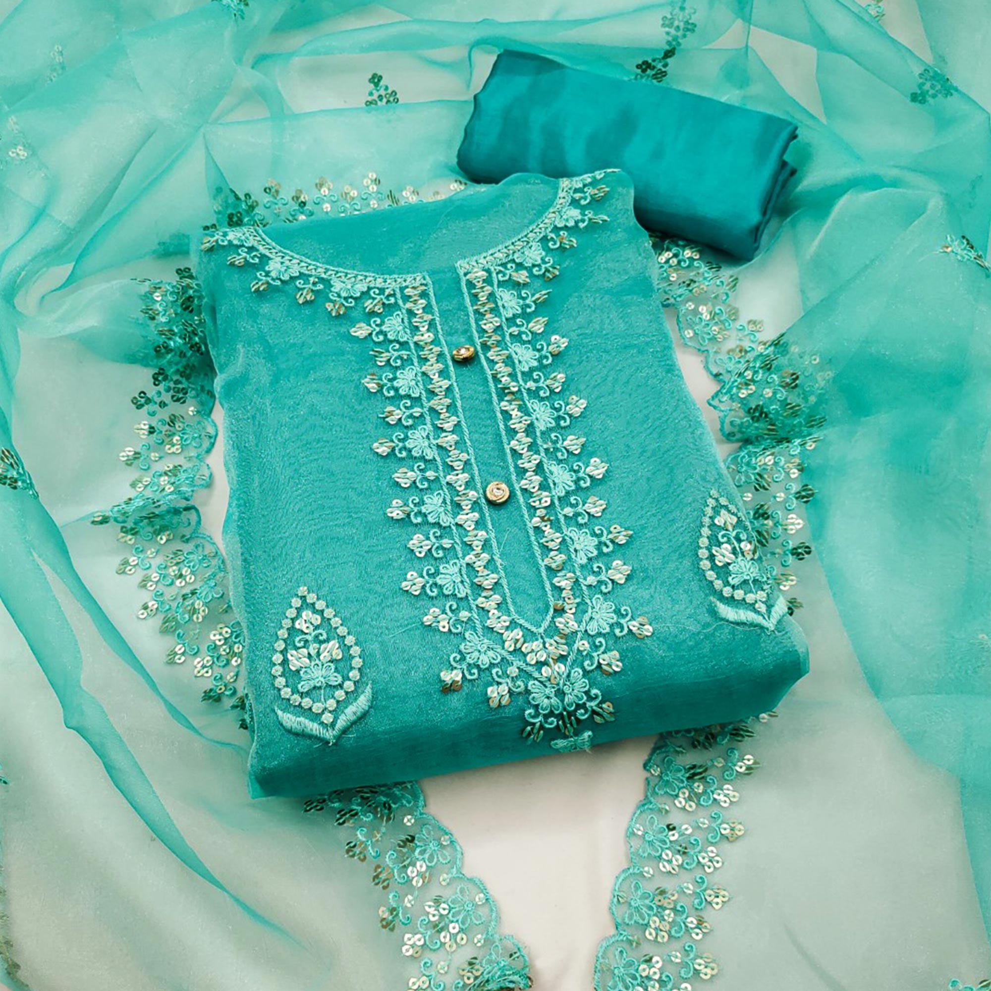 Turquoise Organza Silk Dress Material With Exquisite Floral Embroidery & Sequin Work