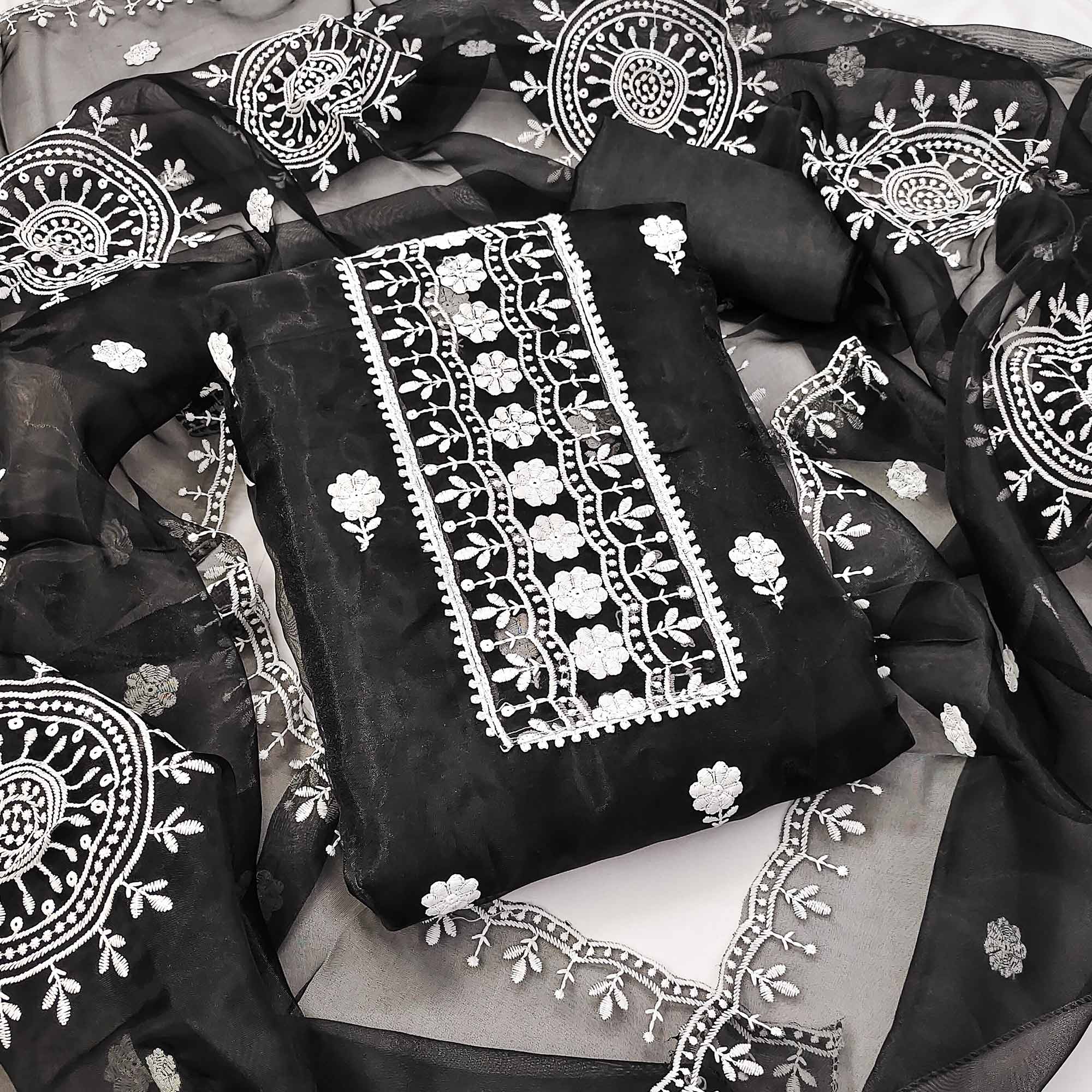 Black Organza Dress Material With Intricate Floral Thread Embroidery