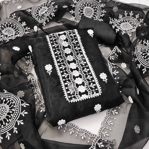 Black Organza Dress Material With Intricate Floral Thread Embroidery