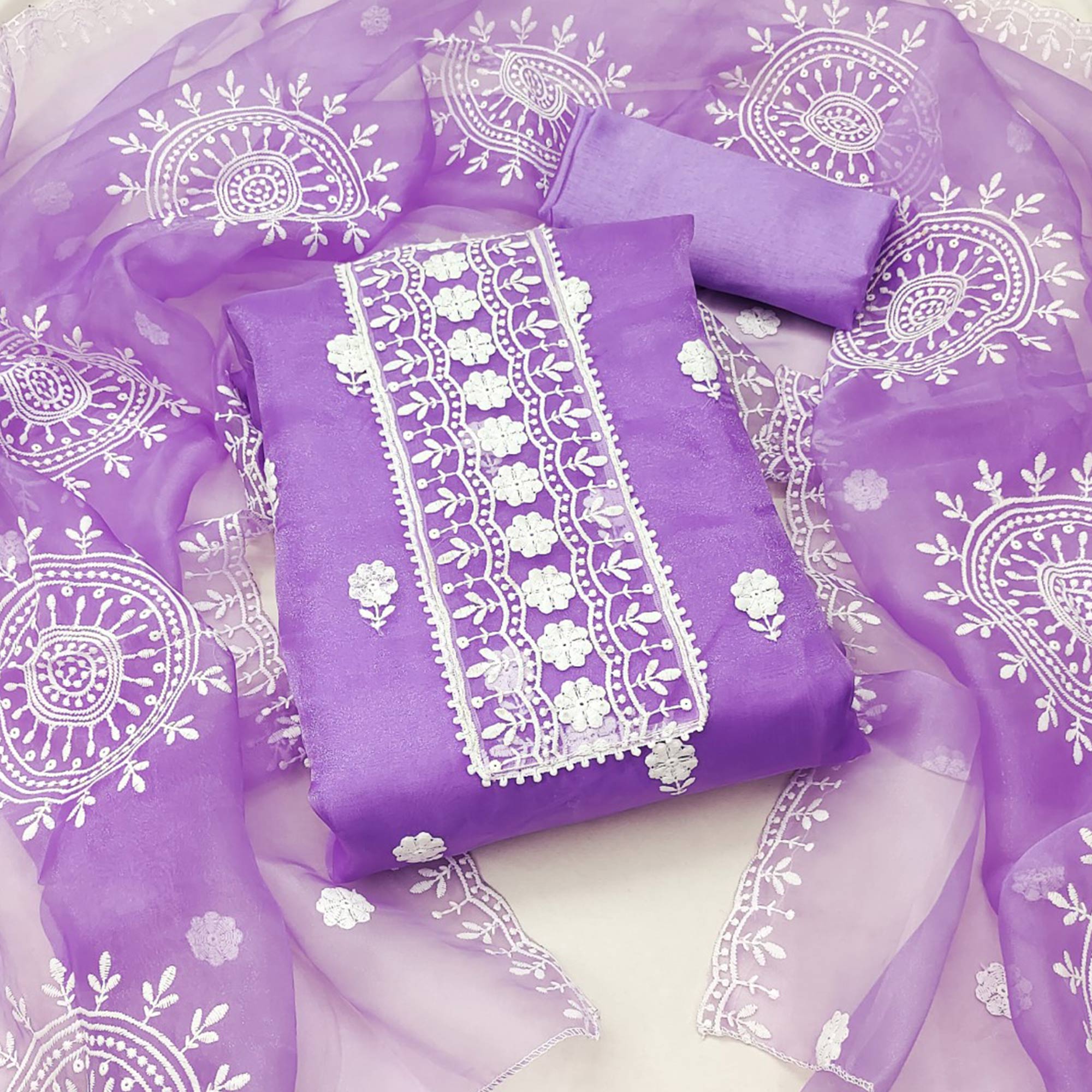 Lavender Organza Dress Material With Intricate Floral Thread Embroidery