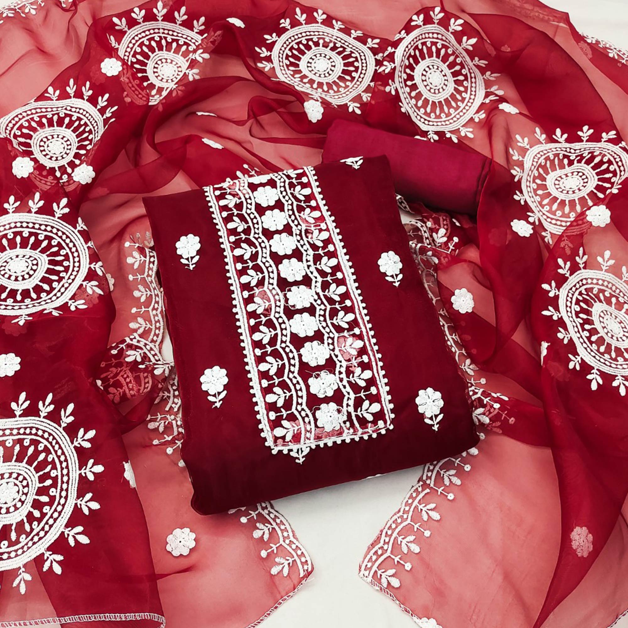 Maroon Organza Dress Material With Intricate Floral Thread Embroidery
