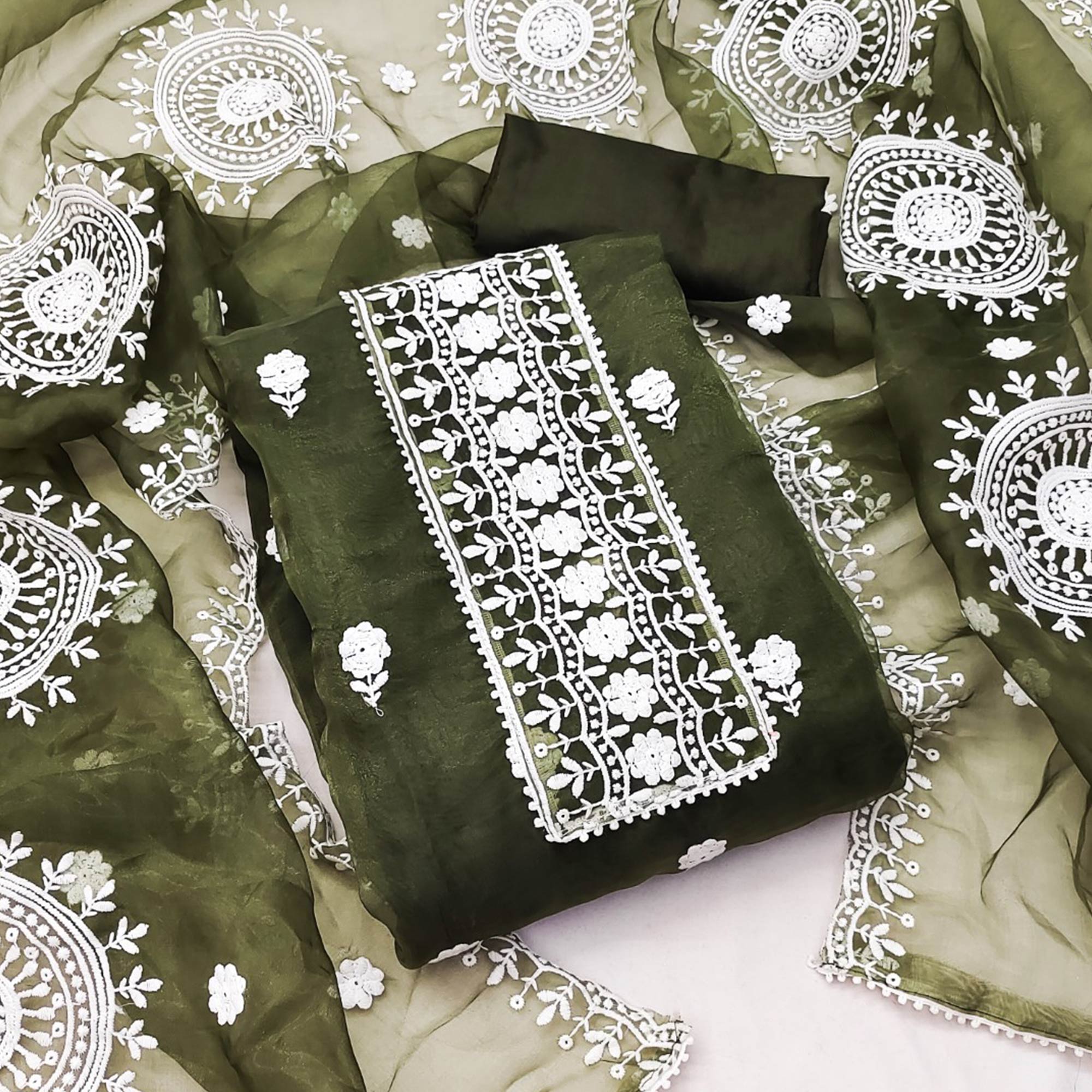 Mehendi Green Organza Dress Material With Intricate Floral Thread Embroidery