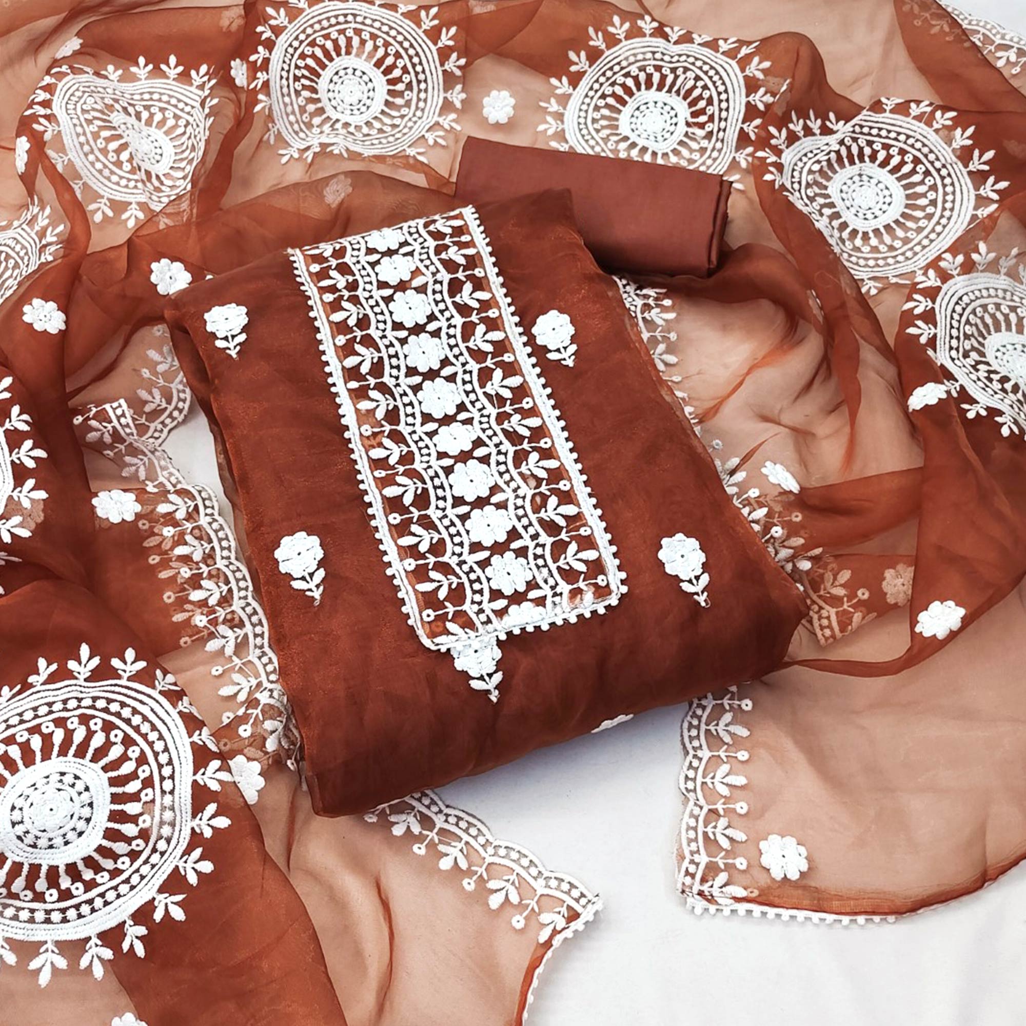 Rust Organza Dress Material With Intricate Floral Thread Embroidery