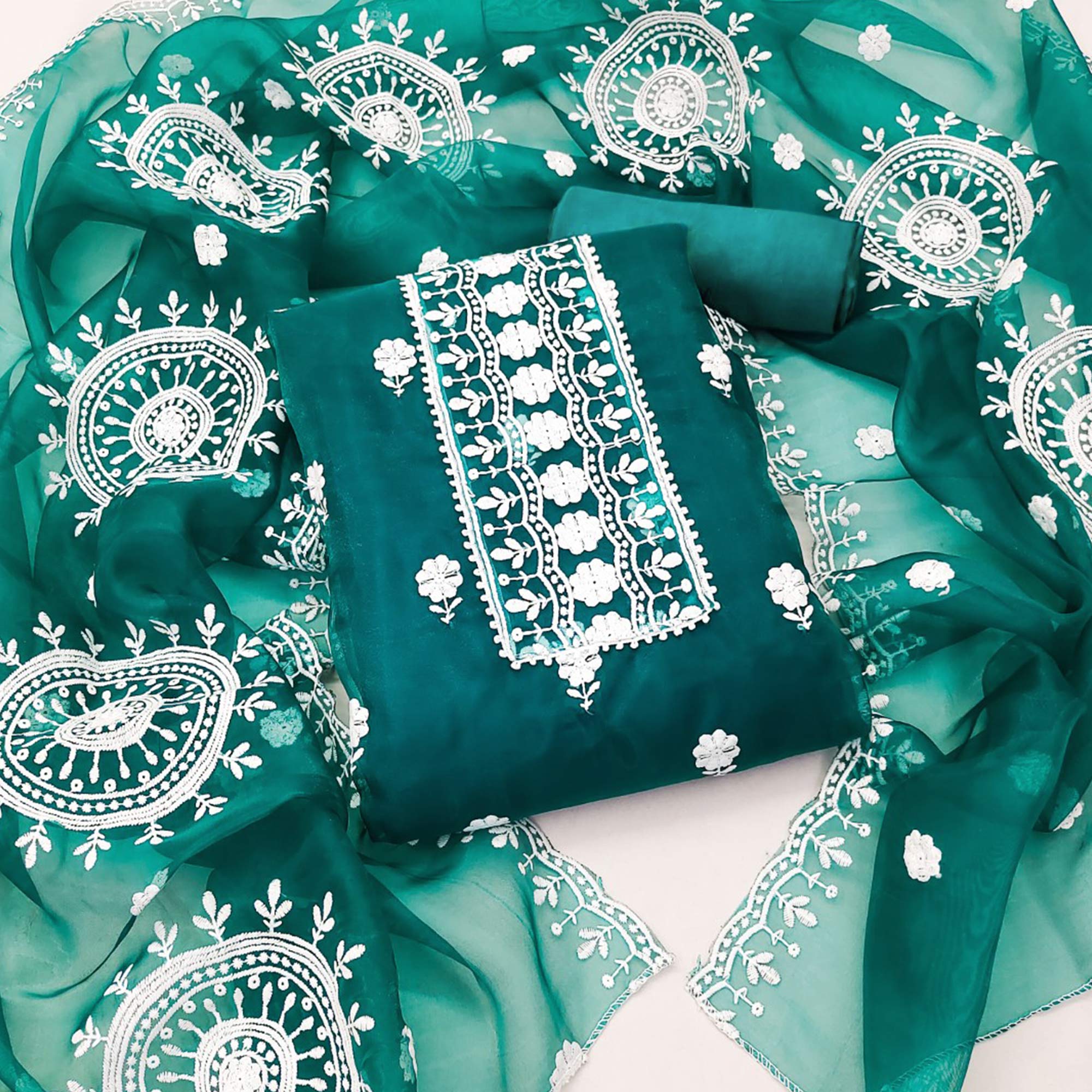 Teal Organza Dress Material With Intricate Floral Thread Embroidery