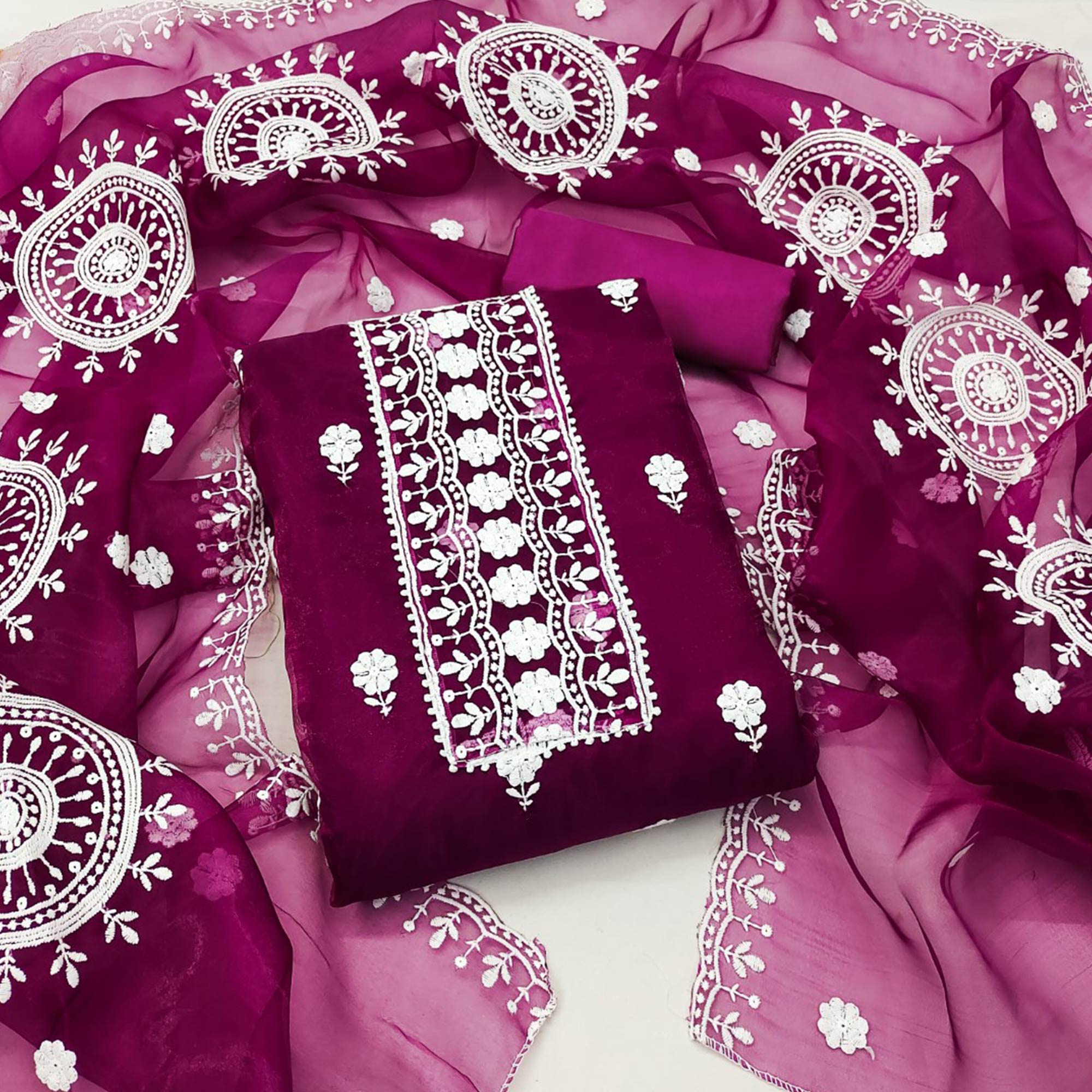 Wine Organza Dress Material With Intricate Floral Thread Embroidery