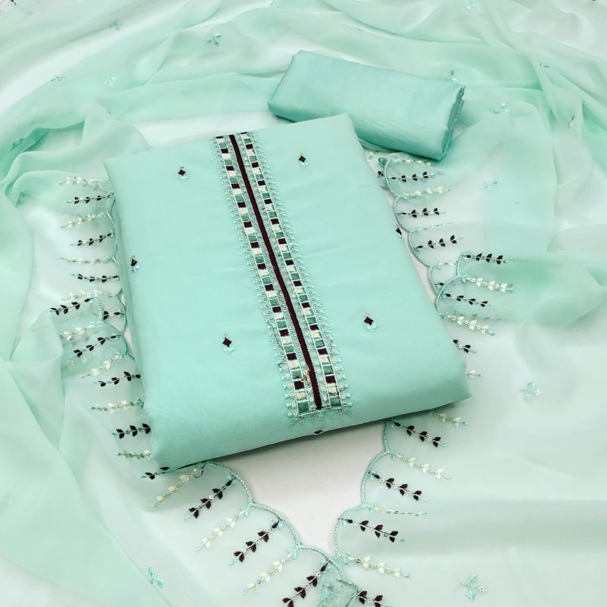 Turquoise Sequins & Thread Embroidered Georgette Dress Material