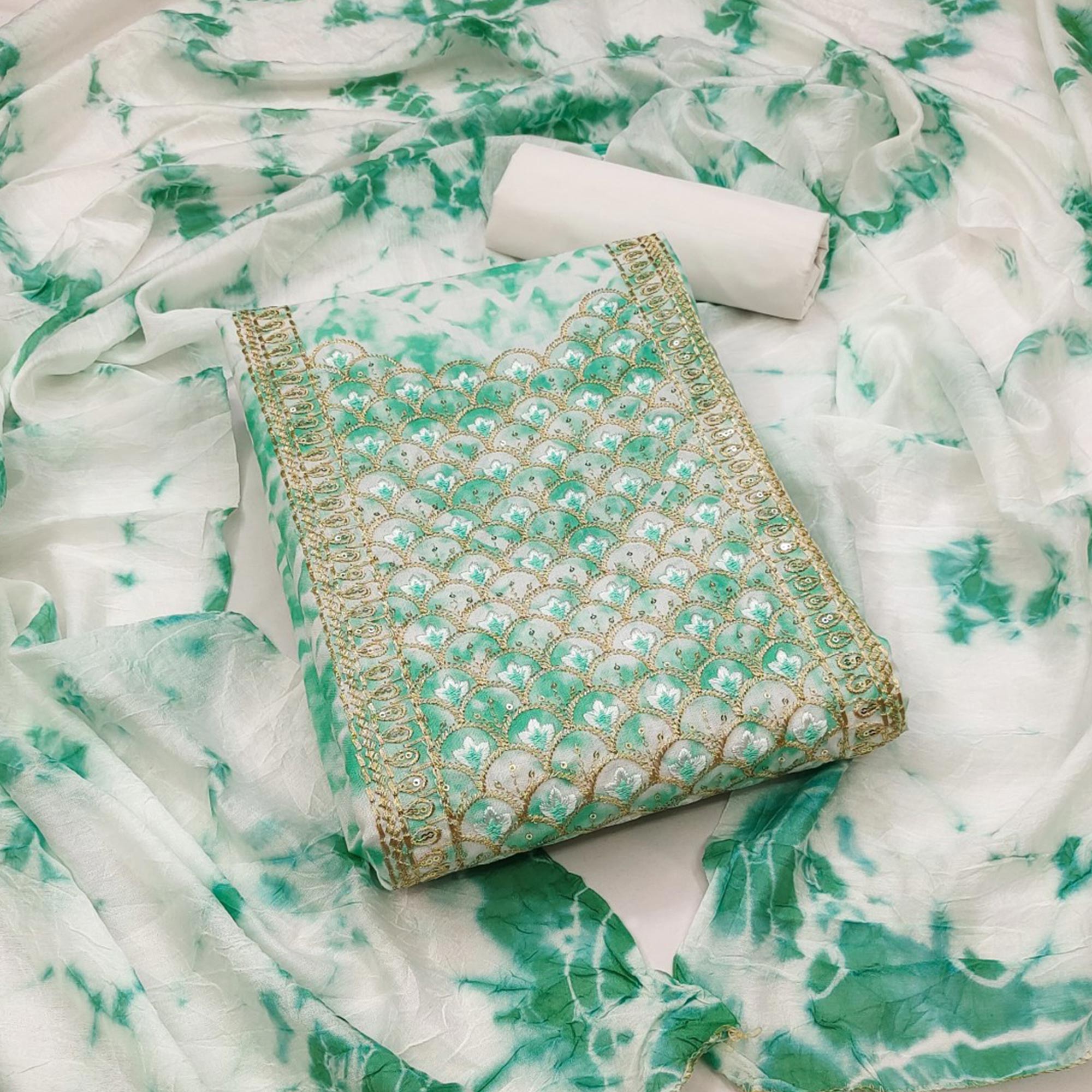 Sea Green Printed With Embroidery Cotton Blend Dress Material