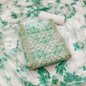 Sea Green Printed With Embroidery Cotton Blend Dress Material